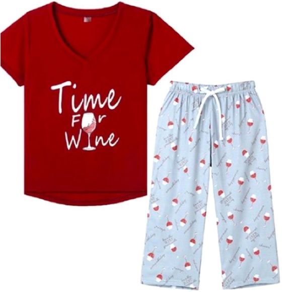Intimates & Sleepwear Womens Red Gray Wine Graphic Capri Pajama Set Lightweight Size Xl New